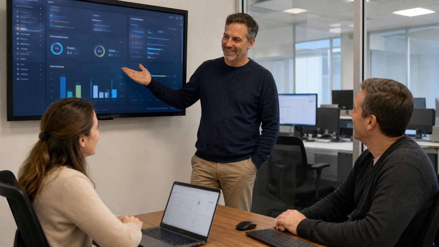 Trainer gestures at cybersecurity module on screen 60 chars