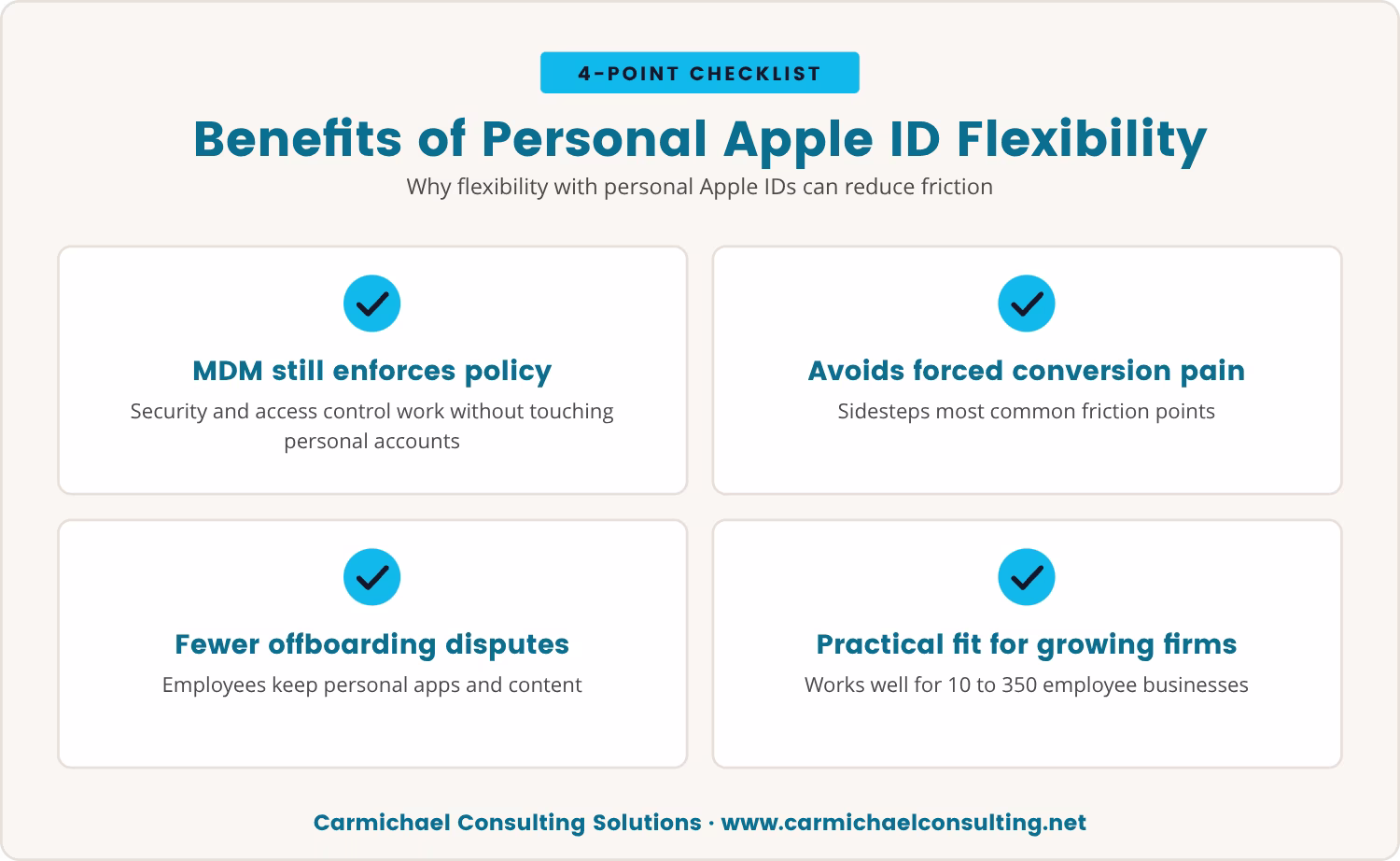 Checklist: Benefits of Personal Apple ID Flexibility