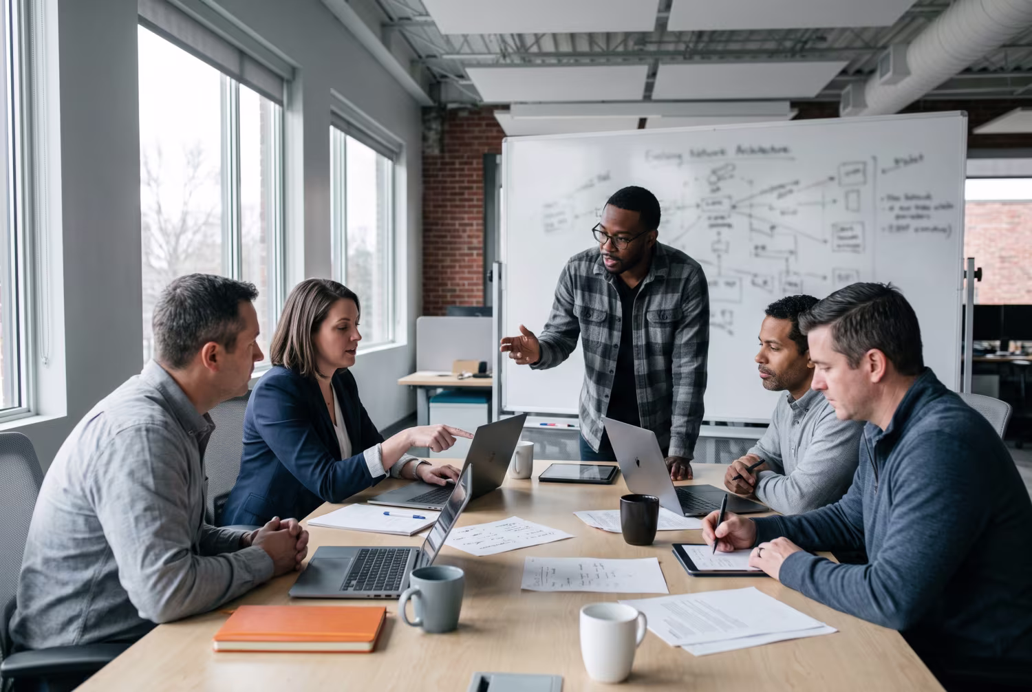 IT professionals discussing in open-plan office with tech gadgets