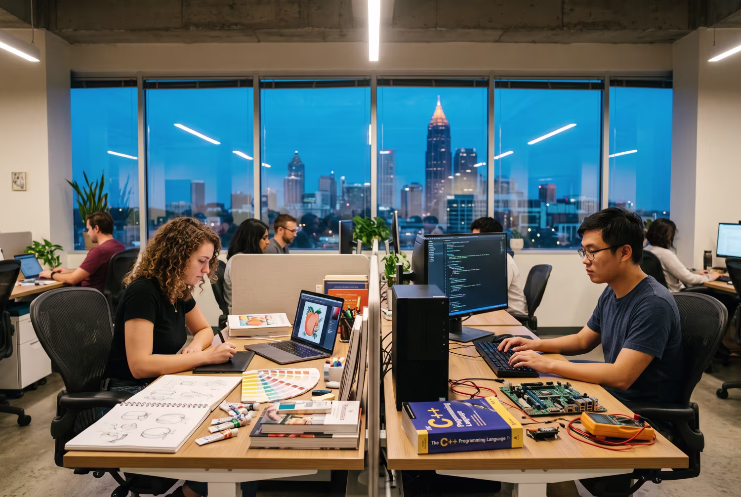 Atlanta office scene with designer on MacBook and engineer on PC