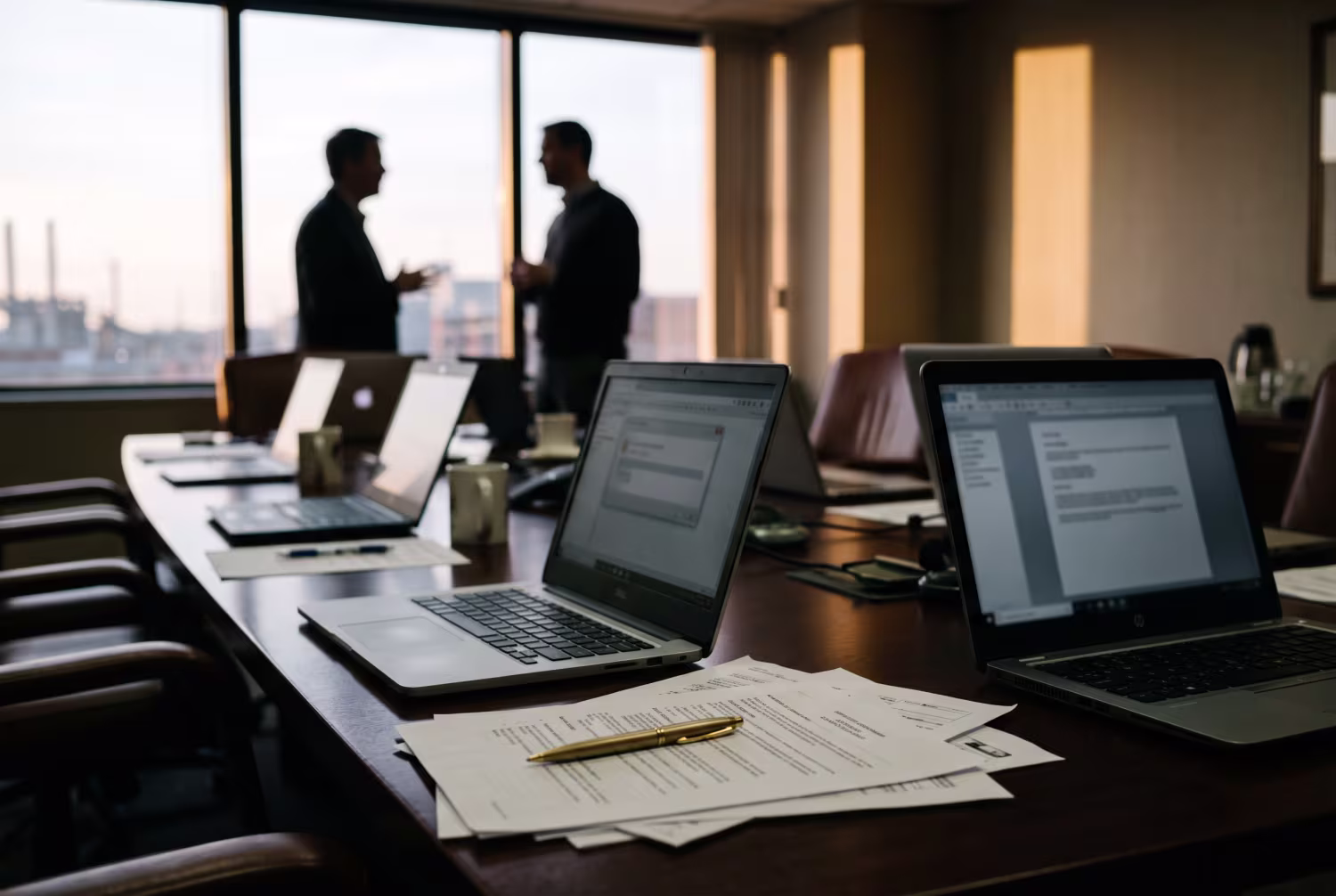 Unbranded laptops on conference table, blurred figures in background