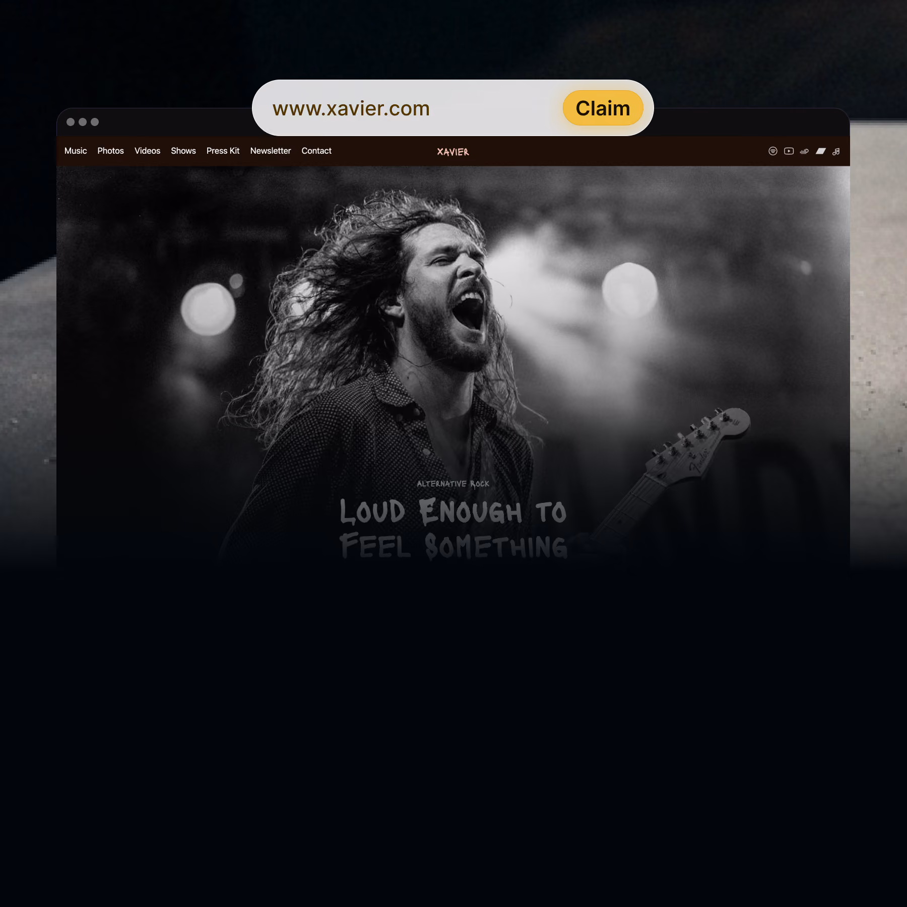 An About My Sound website with a browser search bar displaying a custom domain www.xavier.com, with a claim button next to it. 