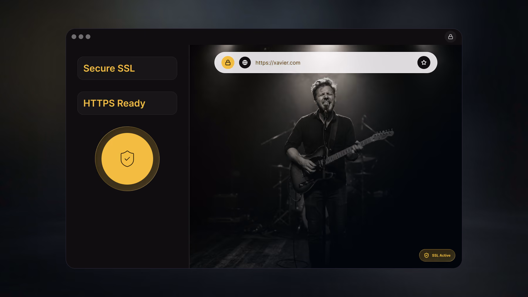 Web browser interface showing a secure SSL connection with HTTPS ready, a shield icon, and a URL bar displaying https://xavier.com; background shows a black and white image of a man playing electric guitar and singing on stage.