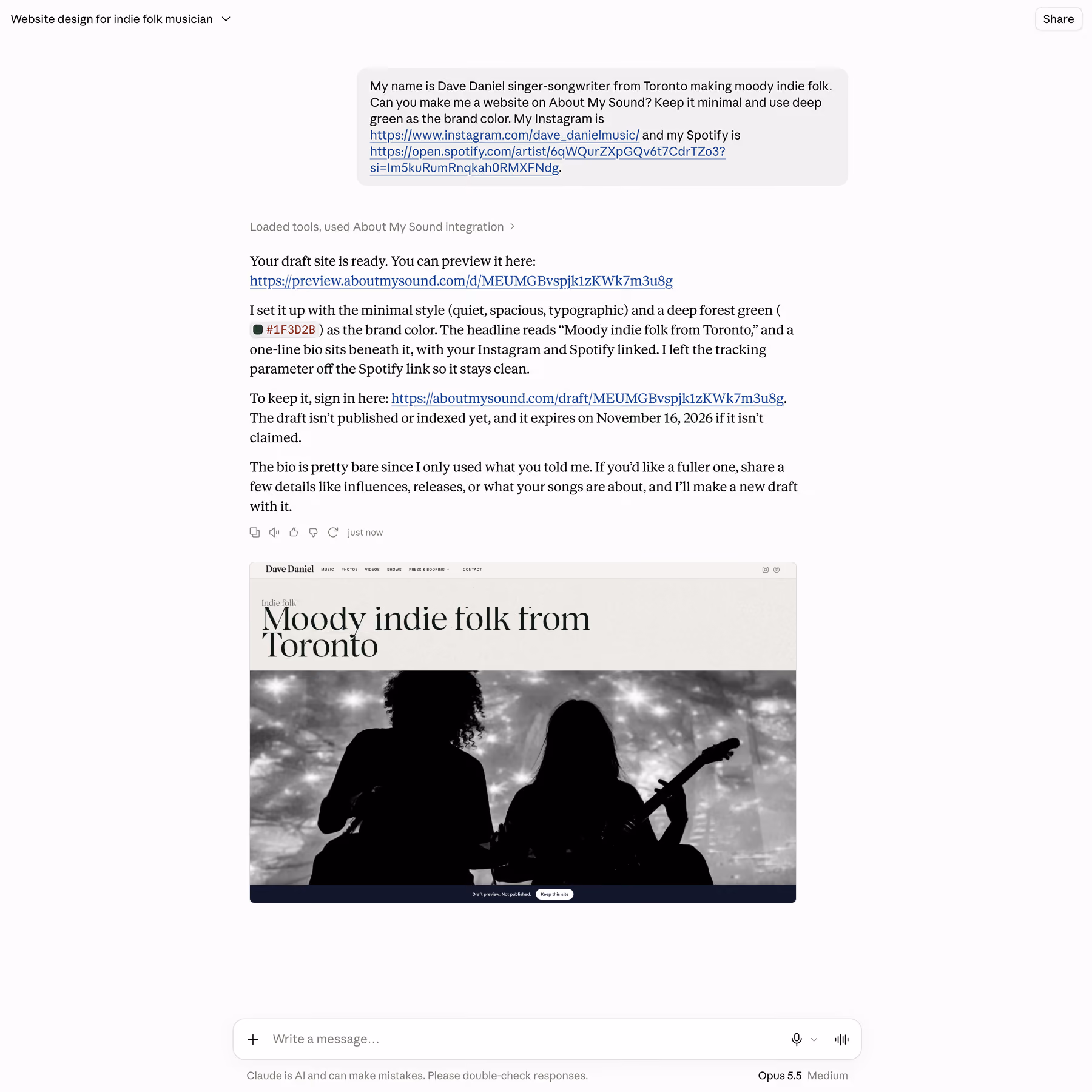 Screenshot of a website draft for Dave Daniel, an indie folk singer-songwriter from Toronto, featuring a minimal design with a deep forest green brand color. The headline reads 'Moody indie folk from Toronto.' Below the headline is a black-and-white silhouette image of two musicians playing guitars against a softly lit background. The text above the preview explains the setup, style, brand color, and includes links to Instagram and Spotify profiles, along with instructions for editing and publishing the draft site.