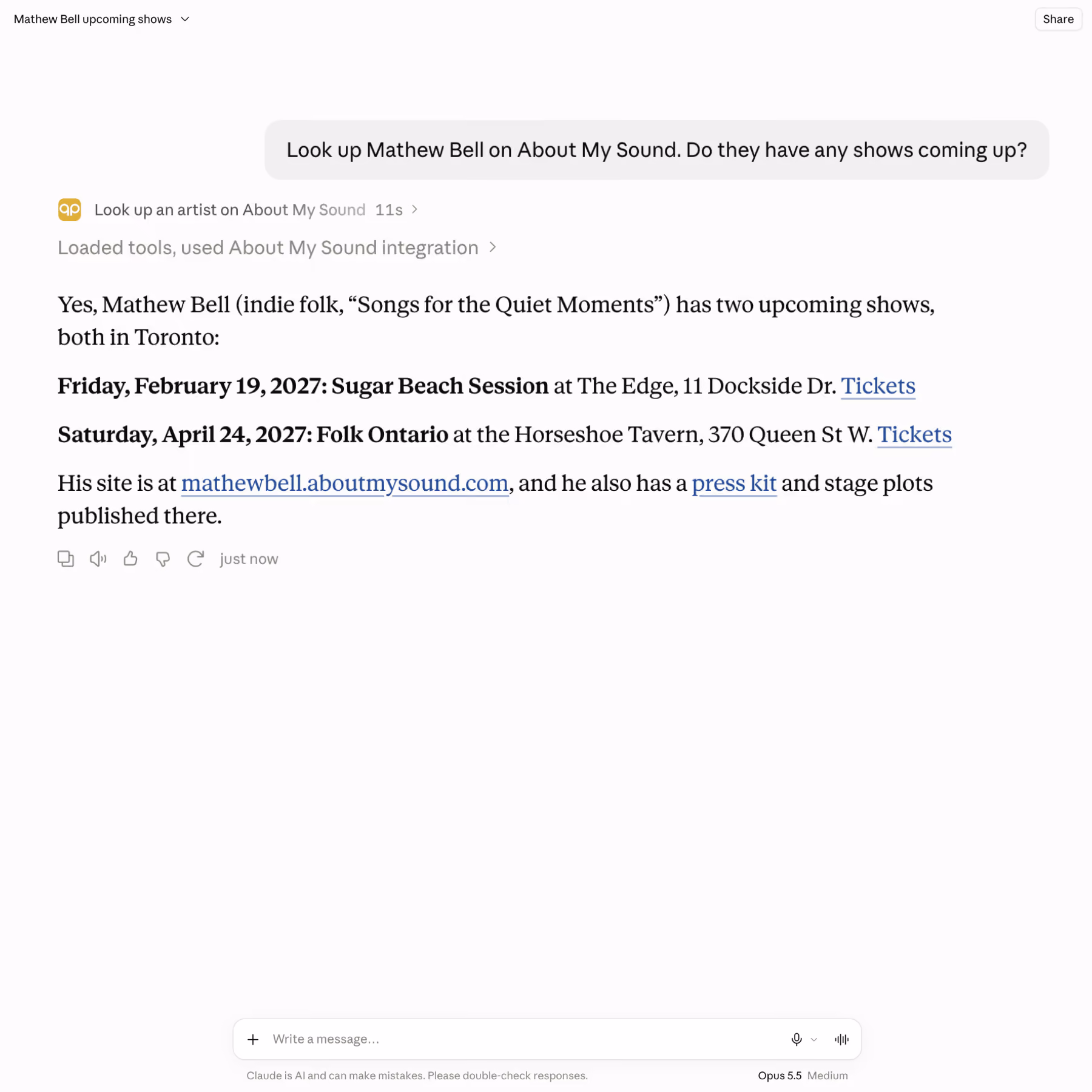 Chat interface showing a query about Mathew Bell's upcoming shows on About My Sound and a response listing two Toronto shows: Sugar Beach Session on February 19, 2027, at The Edge, and Folk Ontario on April 24, 2027, at the Horseshoe Tavern, with links to tickets, his website, press kit, and stage plots.