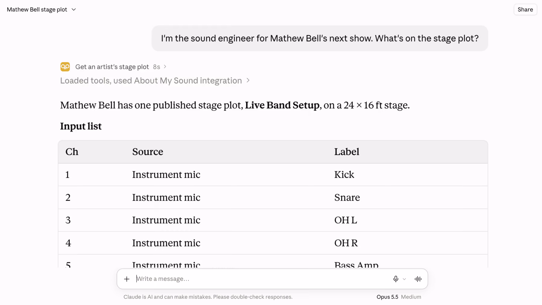 Screenshot of a text interface showing a conversation about Mathew Bell's next show stage plot with a live band setup on a 24 by 16 ft stage. The input list table includes channel numbers, sources as instrument mics, and labels such as Kick, Snare, OH L, OH R, and Bass Amp.