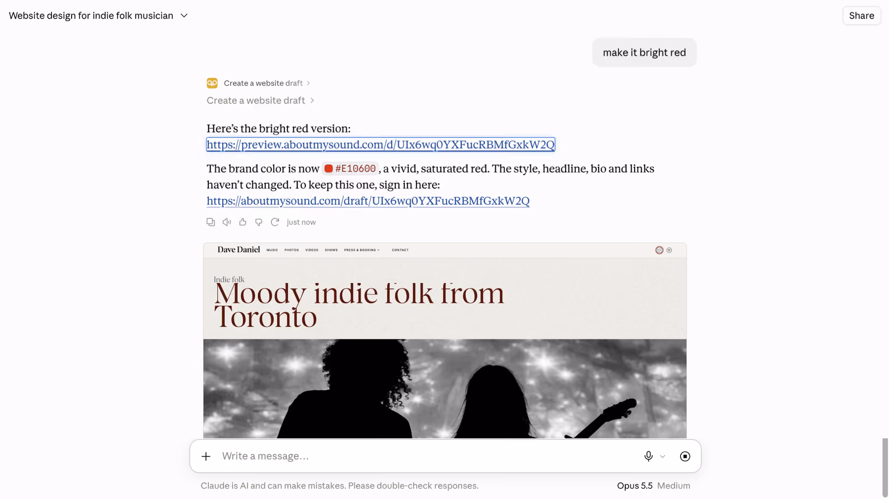 Screenshot of a webpage draft for an indie folk musician's website with a bright red color #E10600. The page includes a link preview, text stating the color change, and a website preview showing a headline 'Moody indie folk from Toronto' with two musicians silhouetted against a sparkly background.