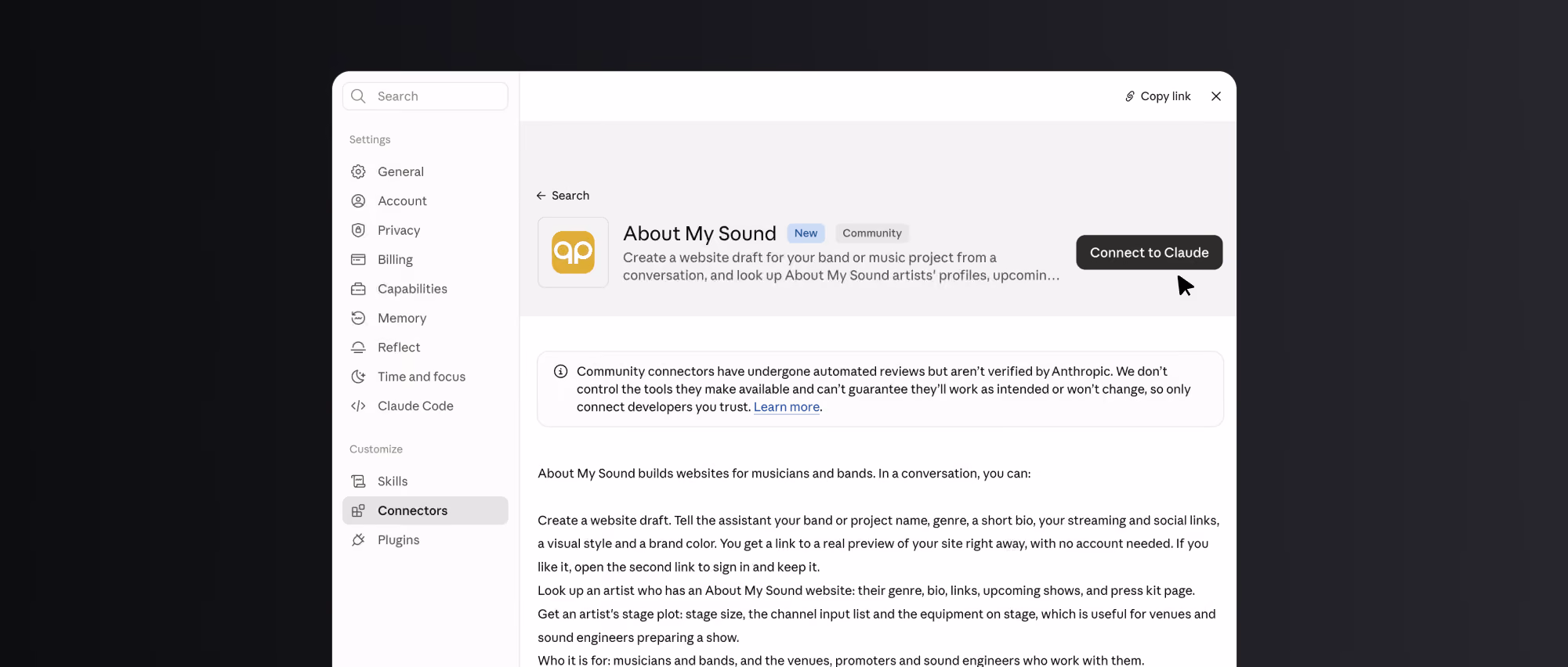 Screenshot of a software interface titled 'About My Sound' describing a tool to create website drafts for bands or music projects, with an option to connect to Claude. The left sidebar shows menu items like General, Account, Privacy, and Connectors. The main panel explains features allowing users to create websites with artist profiles, genres, bios, streaming links, and show details, aimed at musicians and bands.