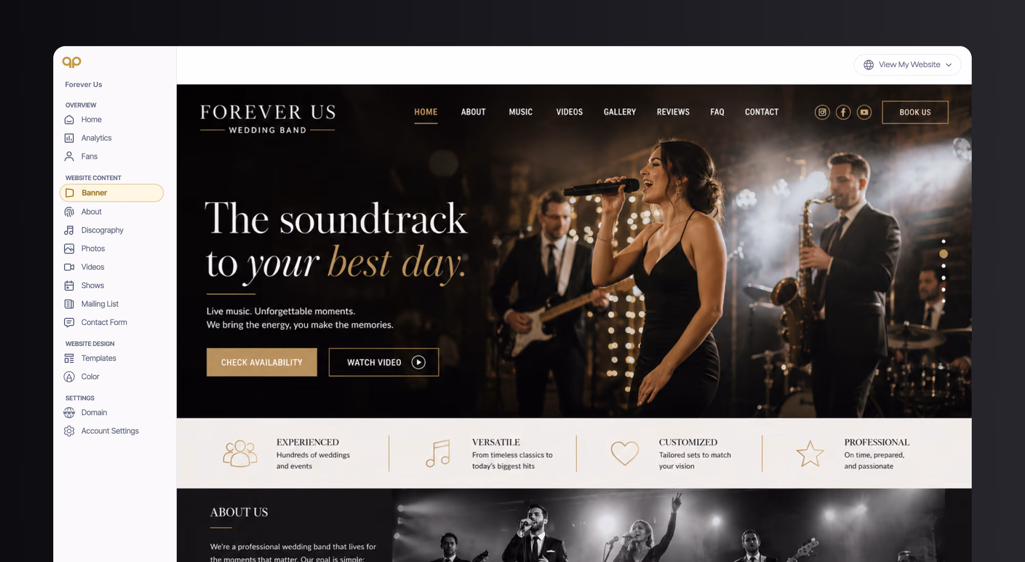 Website homepage for Forever Us Wedding Band featuring a female singer with a microphone and band members playing instruments in the background, with menu options Home, About, Music, Videos, Gallery, Reviews, FAQ, Contact, and buttons to check availability or watch video.