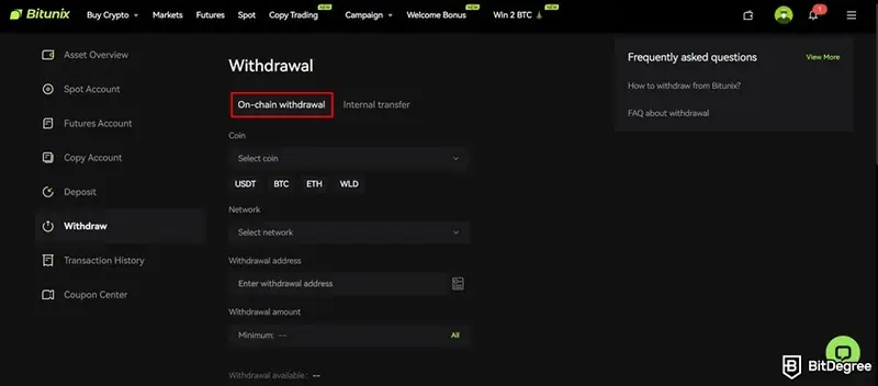 Bitunix review: on-chain withdrawal.