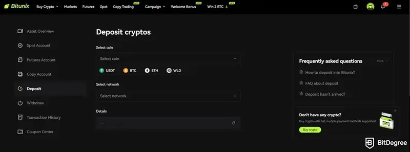 Bitunix review: deposit cryptos.