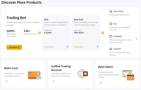 Bybit's discover more products section in their homepage showing trading bot feature with copy trading, earn, tradeGPT on the side as well as bybit card, unified trading account, and bybit web3 below.