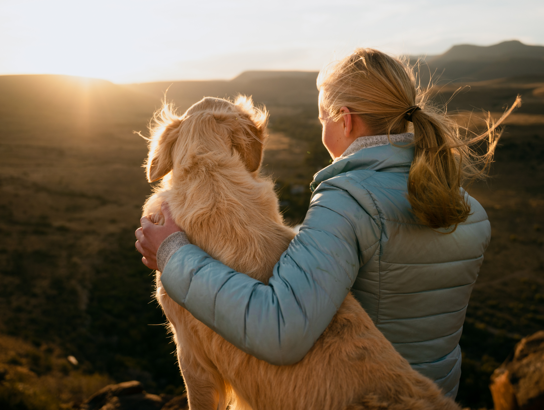 Woman and dog looking at sunset