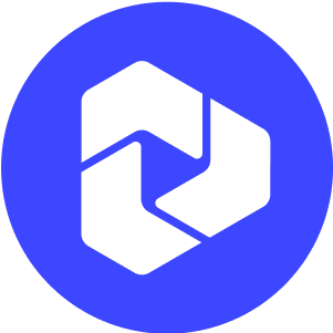 Weißes abstraktes sechseckiges Logo auf blauem rundem Hintergrund.