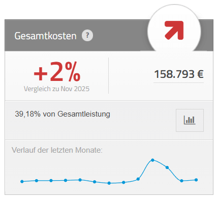 Grafik zeigt Gesamtkosten mit 2 % Anstieg bis November 2025 auf 158.793 Euro, 39,18 % der Gesamtleistung und Verlauf der letzten Monate mit einem Umsatzanstieg und anschließendem Rückgang.