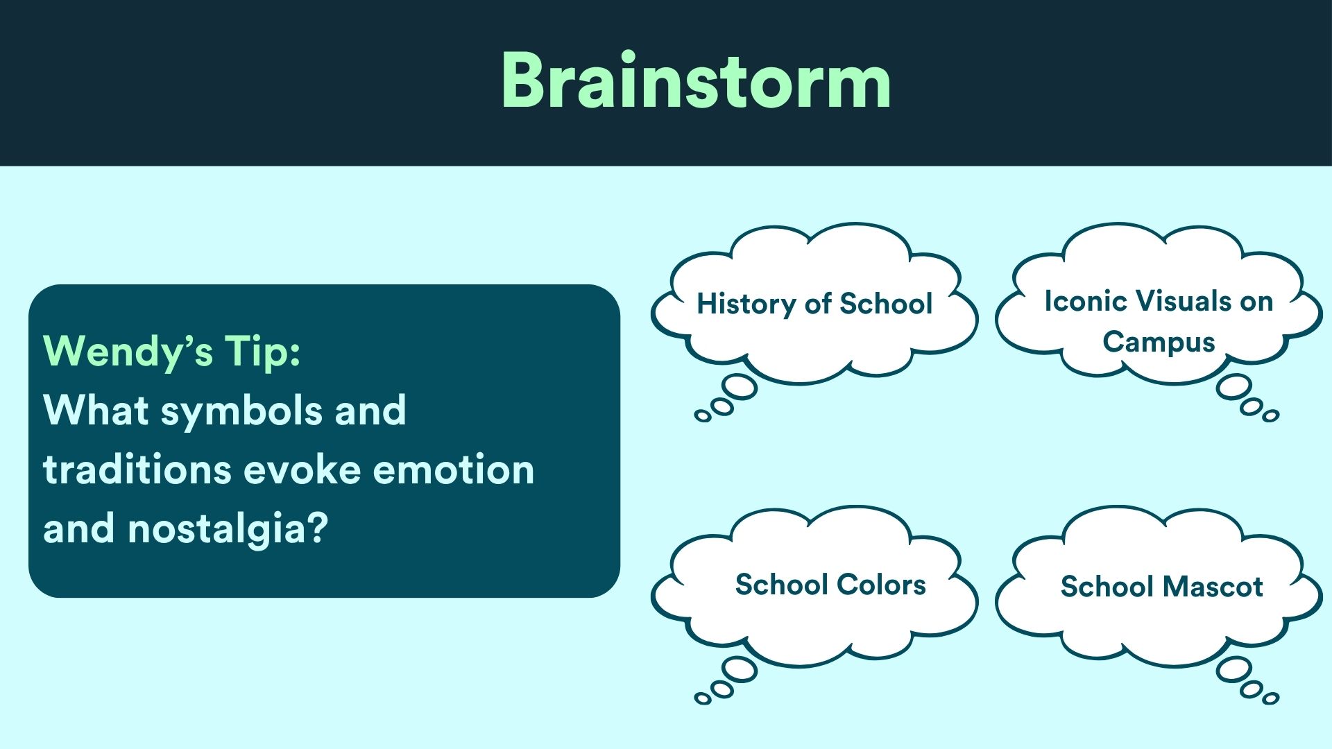 Brainstorm slide: the history of the school, iconic visuals on campus, school colors and the school mascot