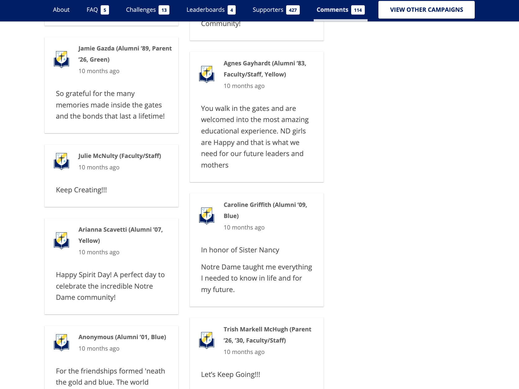 Donor posts on the Spirit Week of Giving comment wall