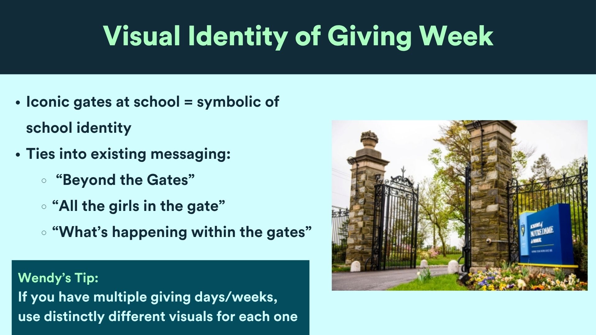 Slide on the giving week's visual identity, showing Notre Dame's stone campus gates