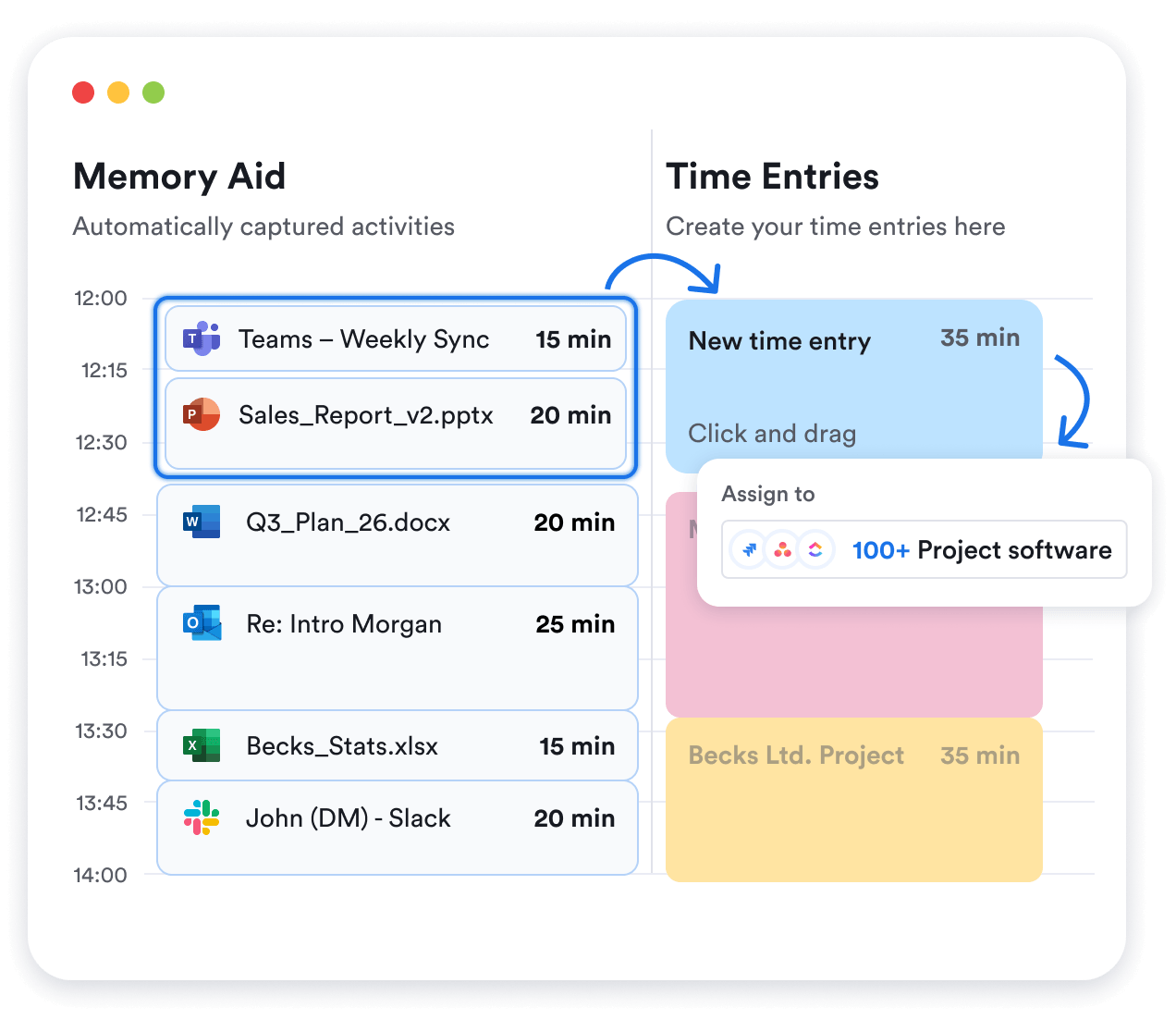 Project time entries in Memtime