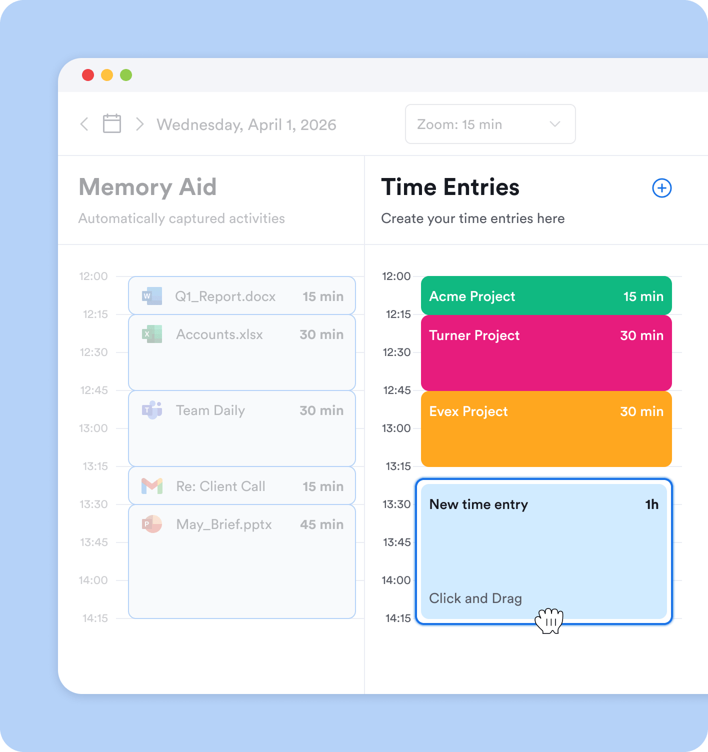 Click and drag project time entries