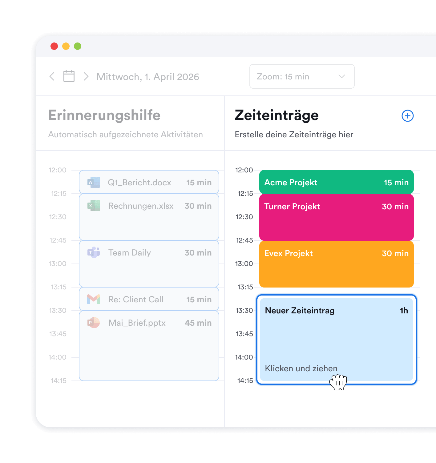 Klicke und ziehe Zeiteinträge für Projekte