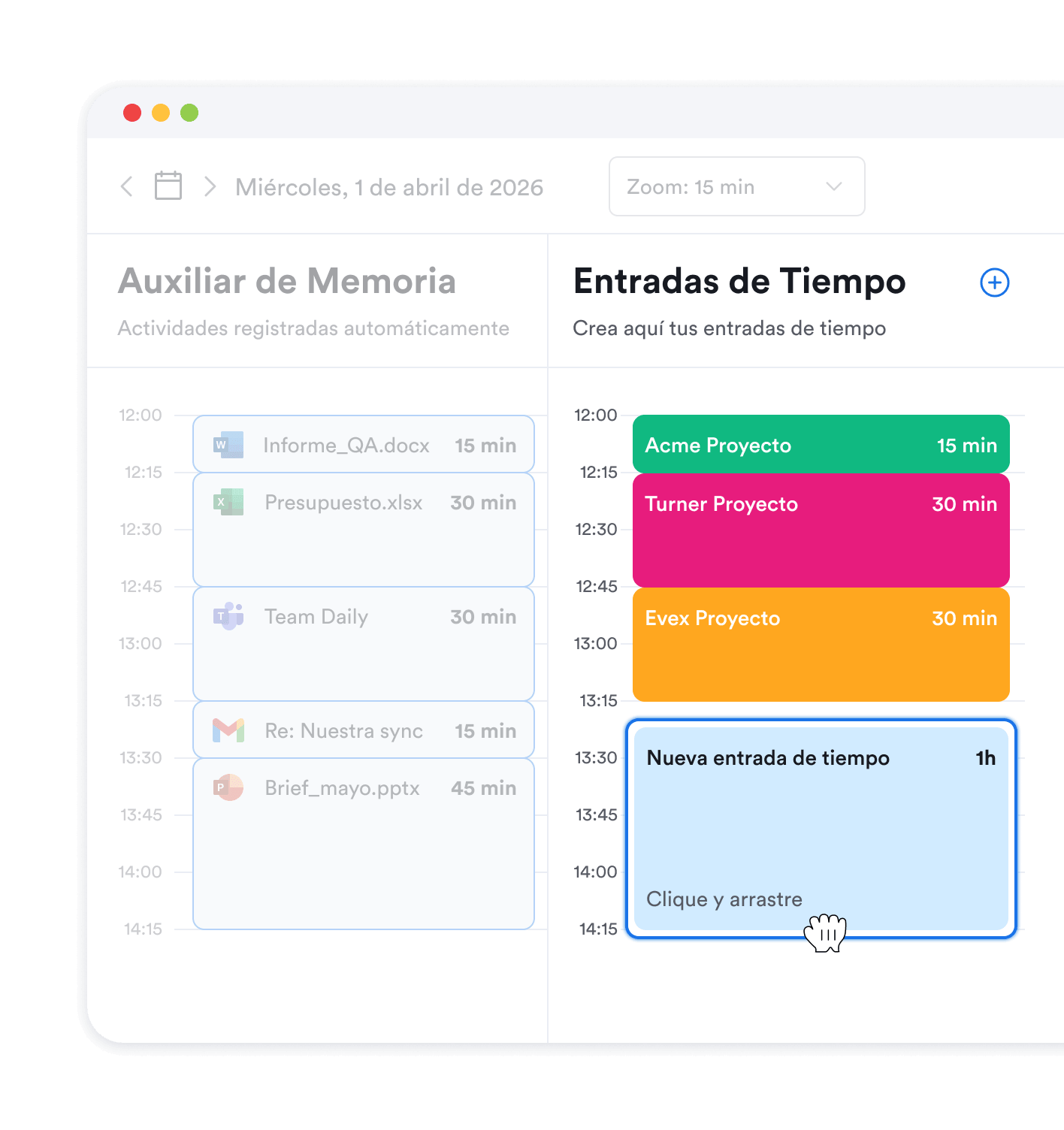 Clica y arrastra las entradas de tiempo