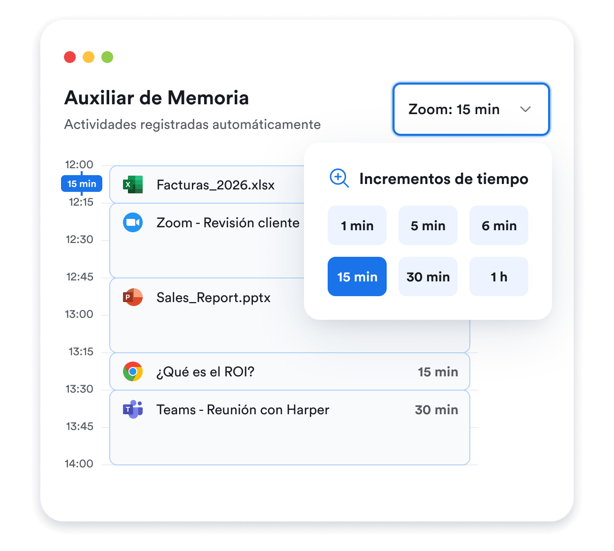 Incrementos de las horas de trabajo registradas en Memtime