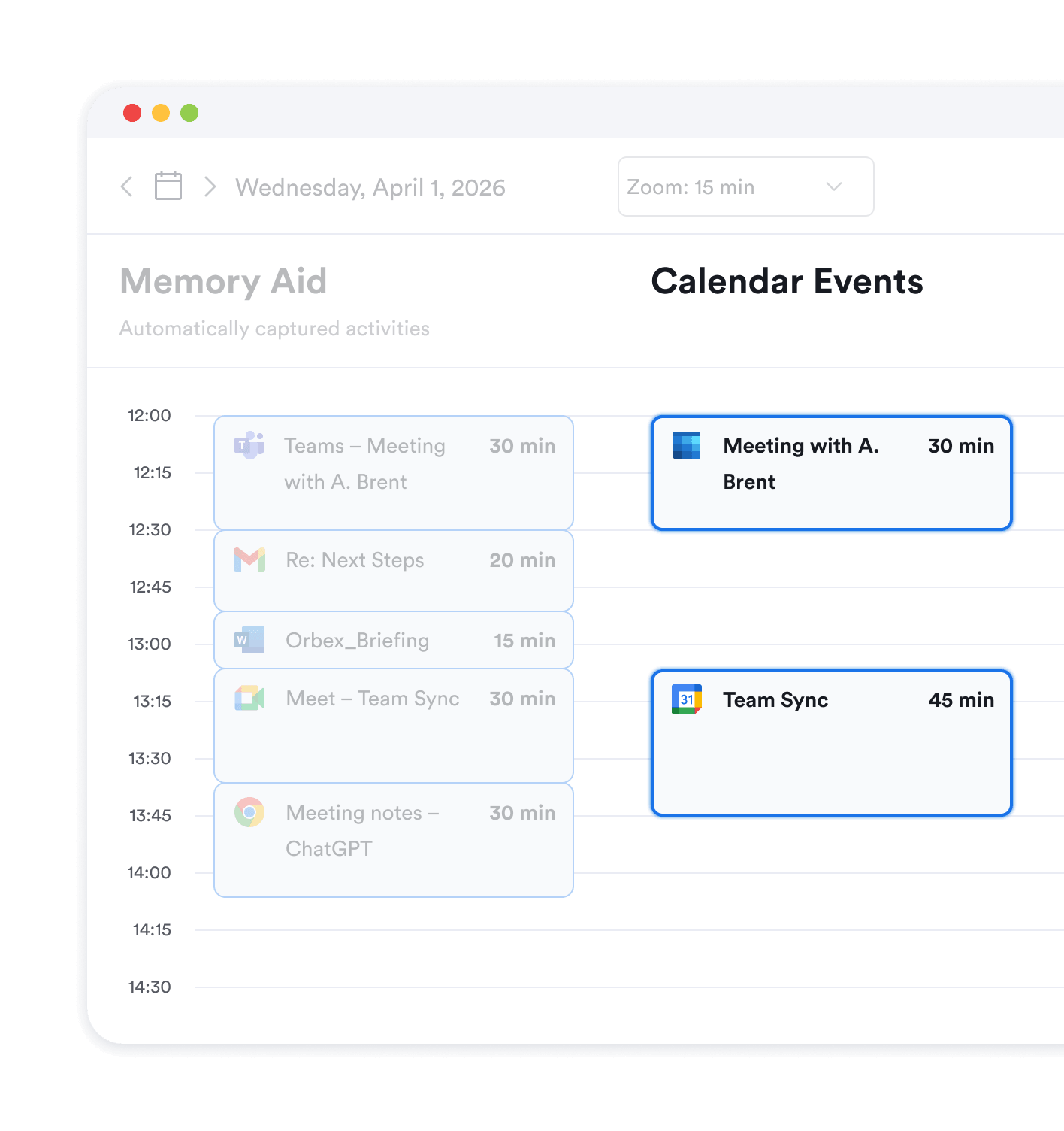 Calendar events in Memtime