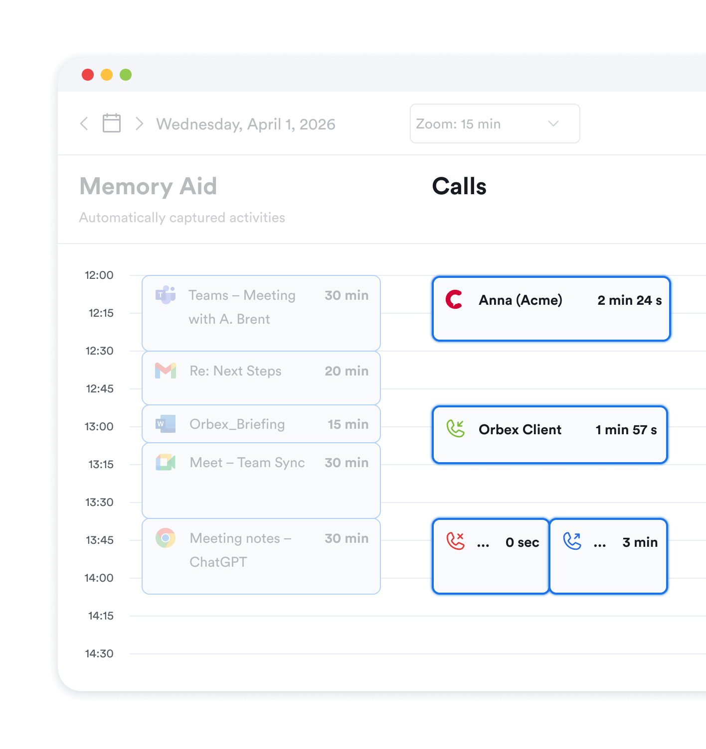 Phone call time tracking in Memtime
