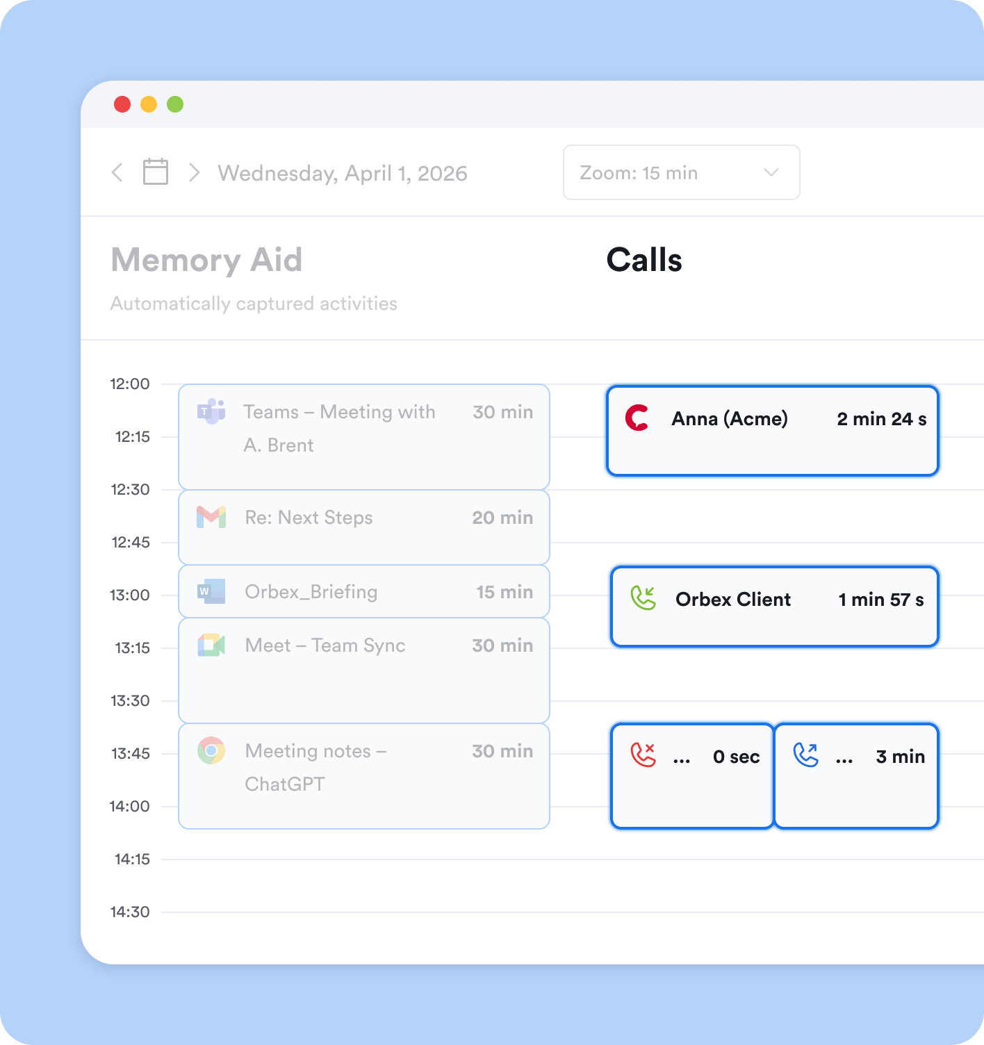 Phone call time tracking in Memtime