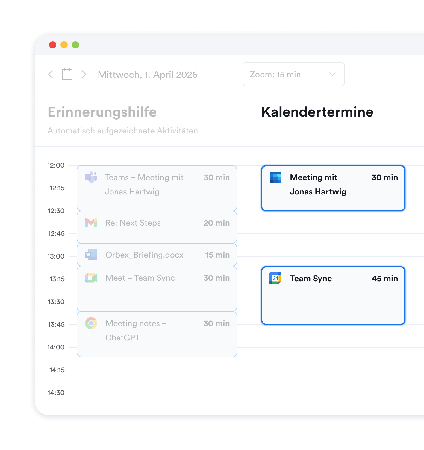 Kalendereinträge in Memtime