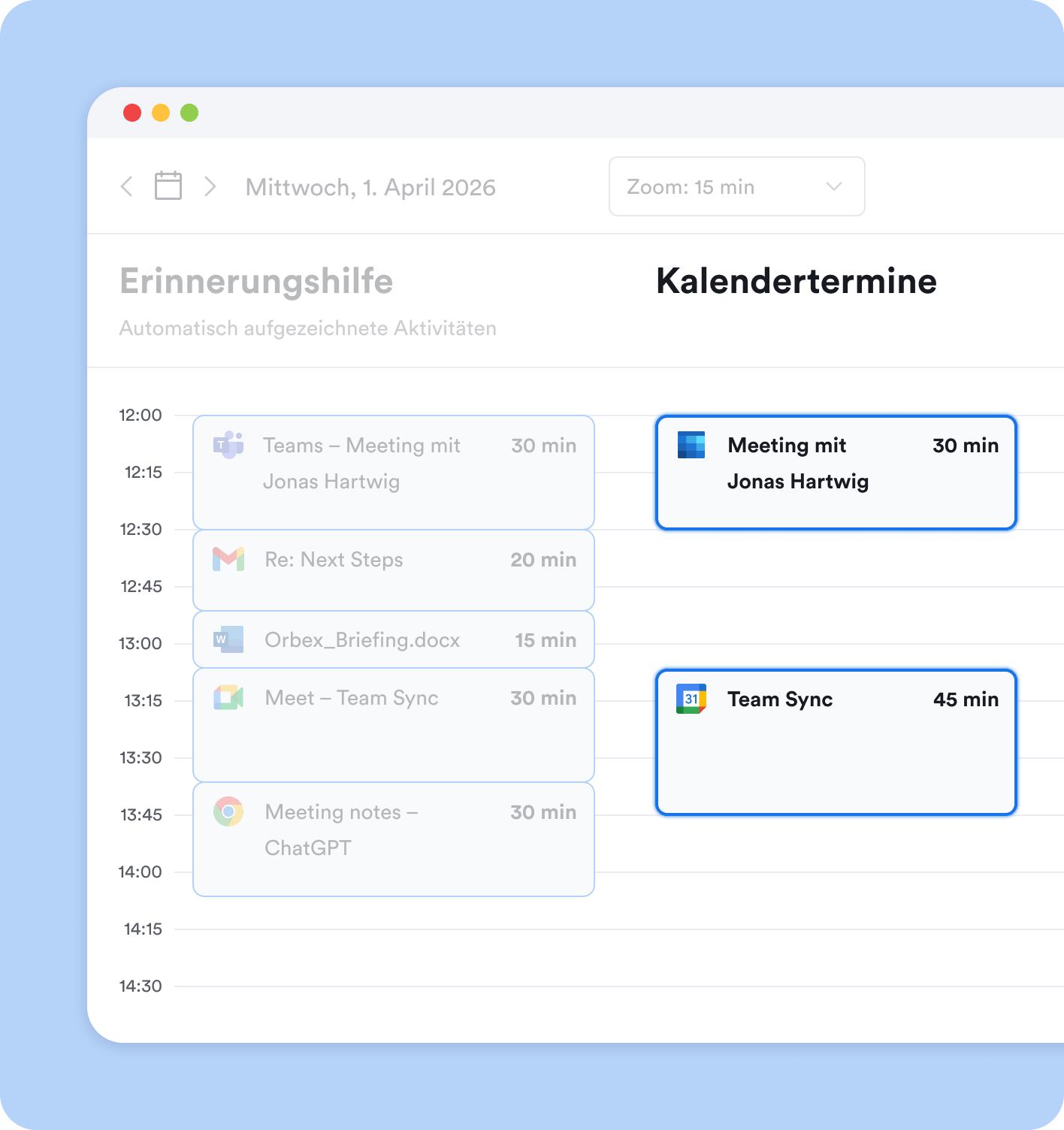 Kalendereinträge in Memtime