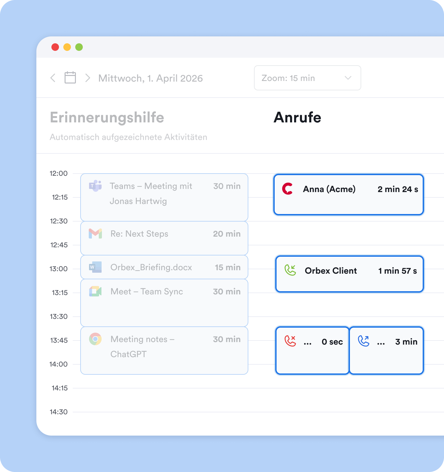 Erfassung von Anrufen mit Memtime