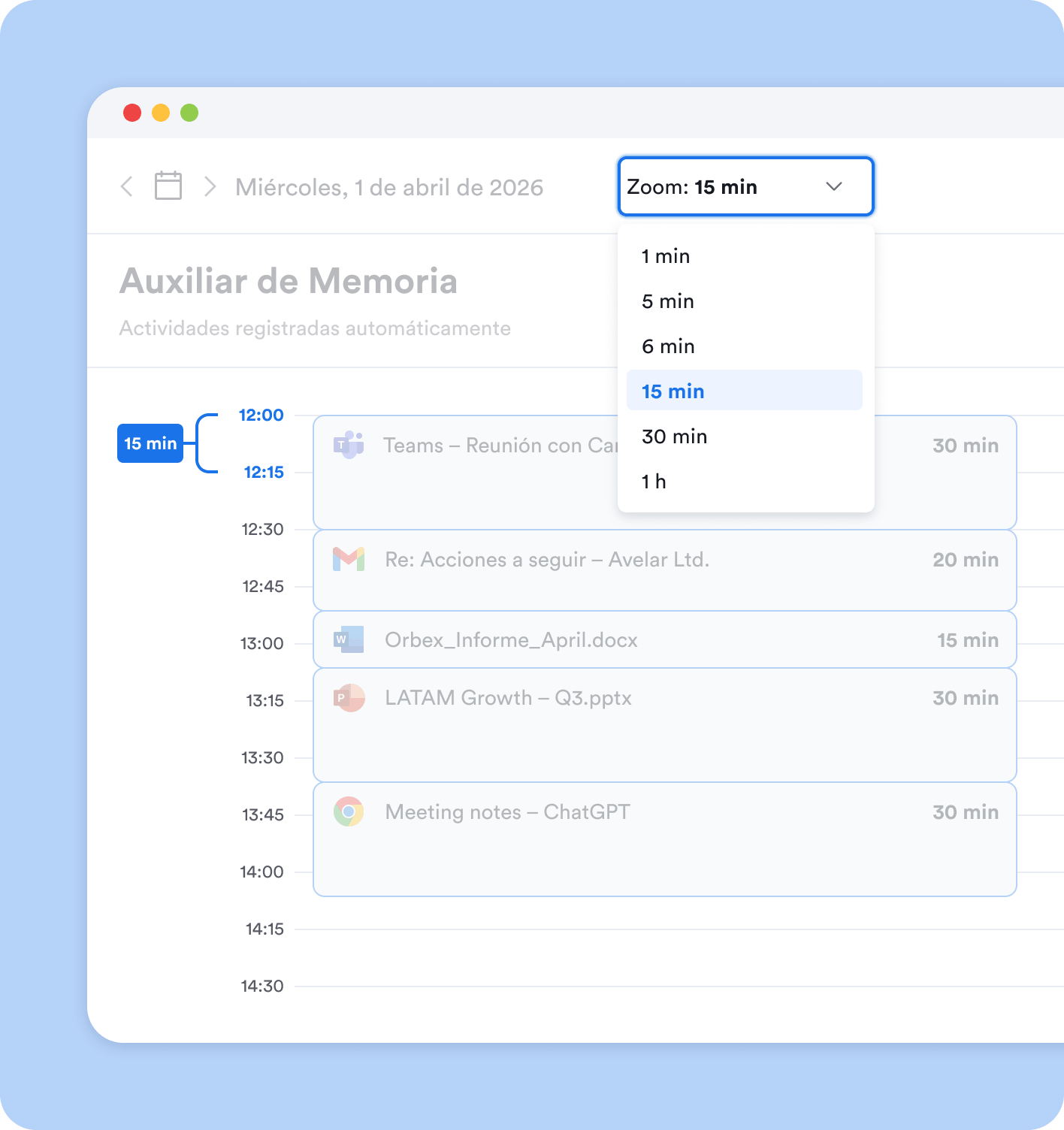 Opciones de incrementos de tiempo en Memtime