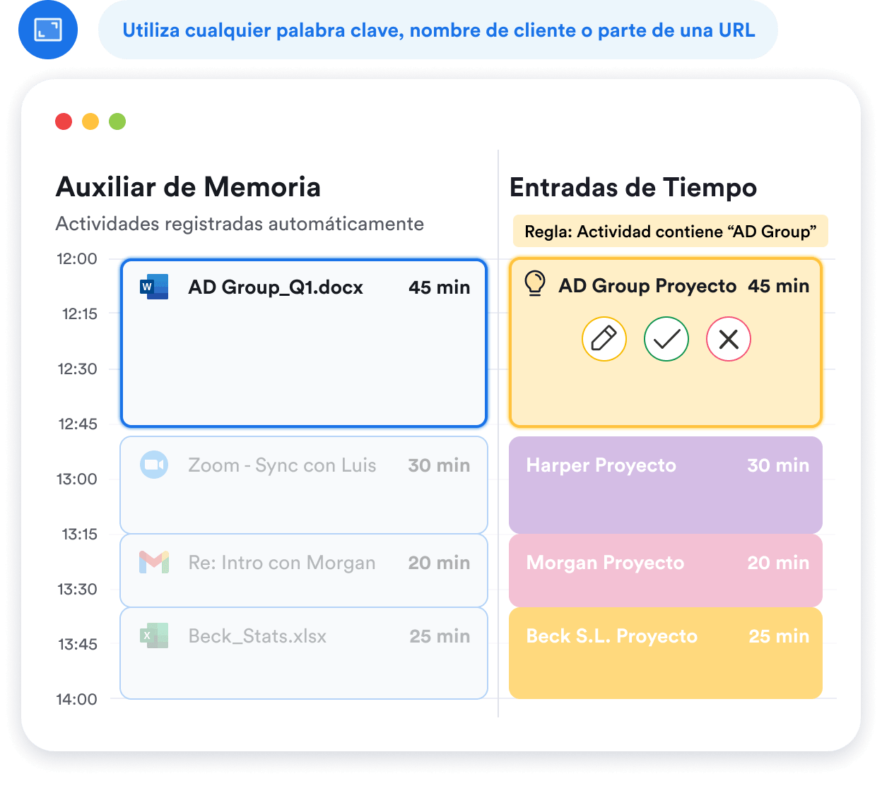 Incrementos de las horas de trabajo registradas en Memtime