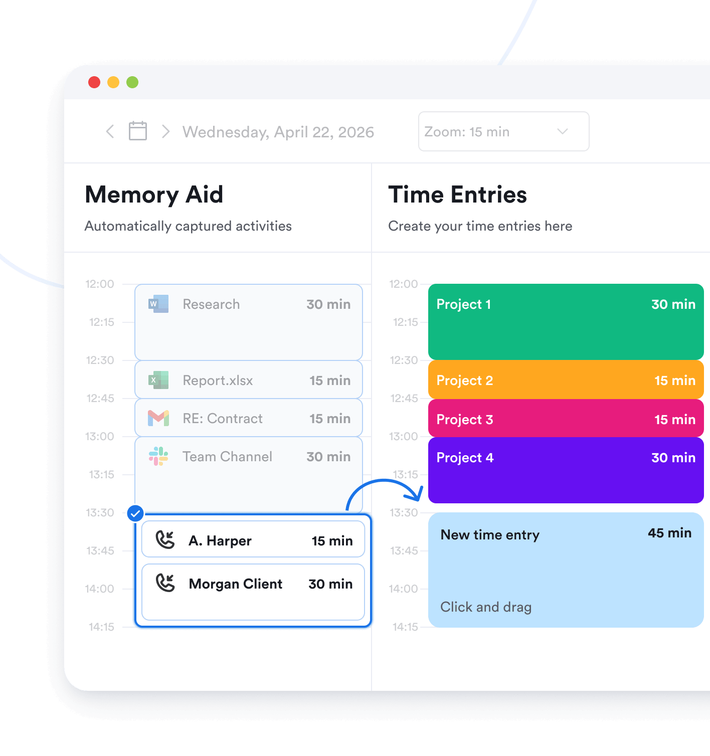 Creating time entries from logged hours
