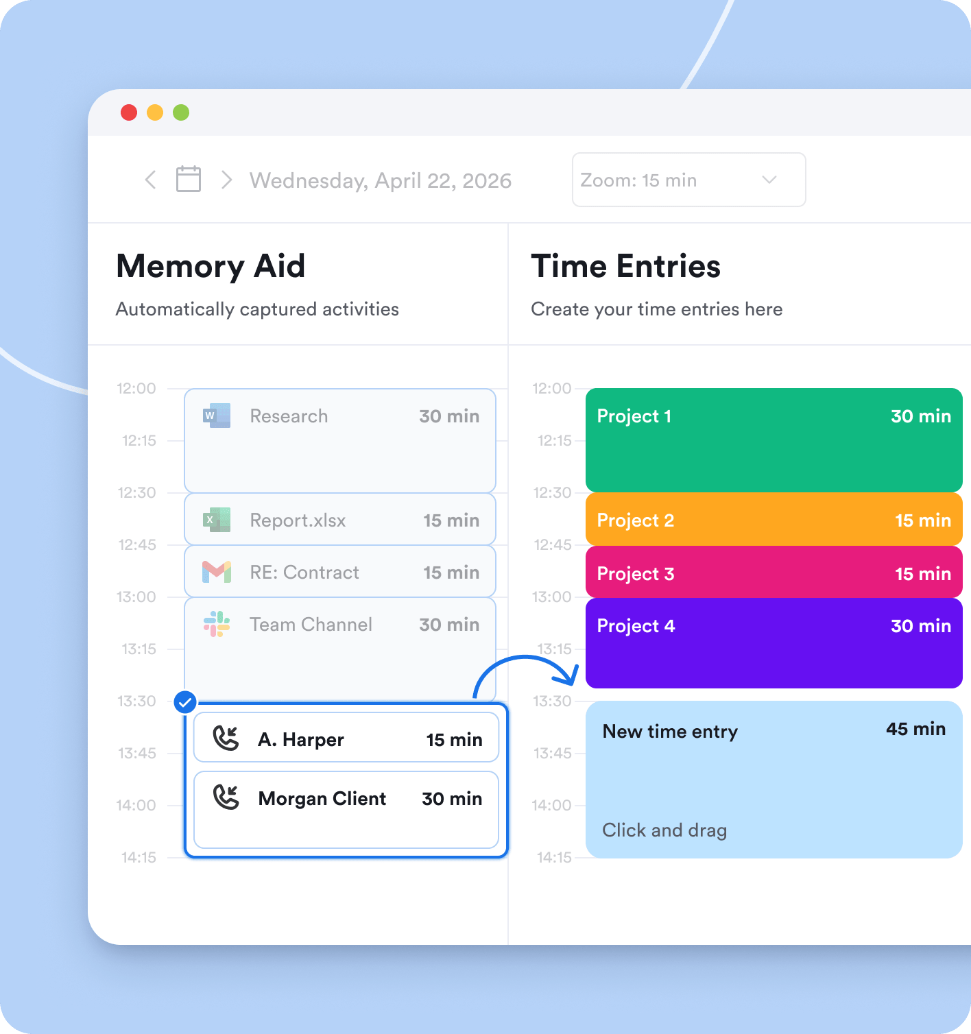 Creating time entries from logged hours