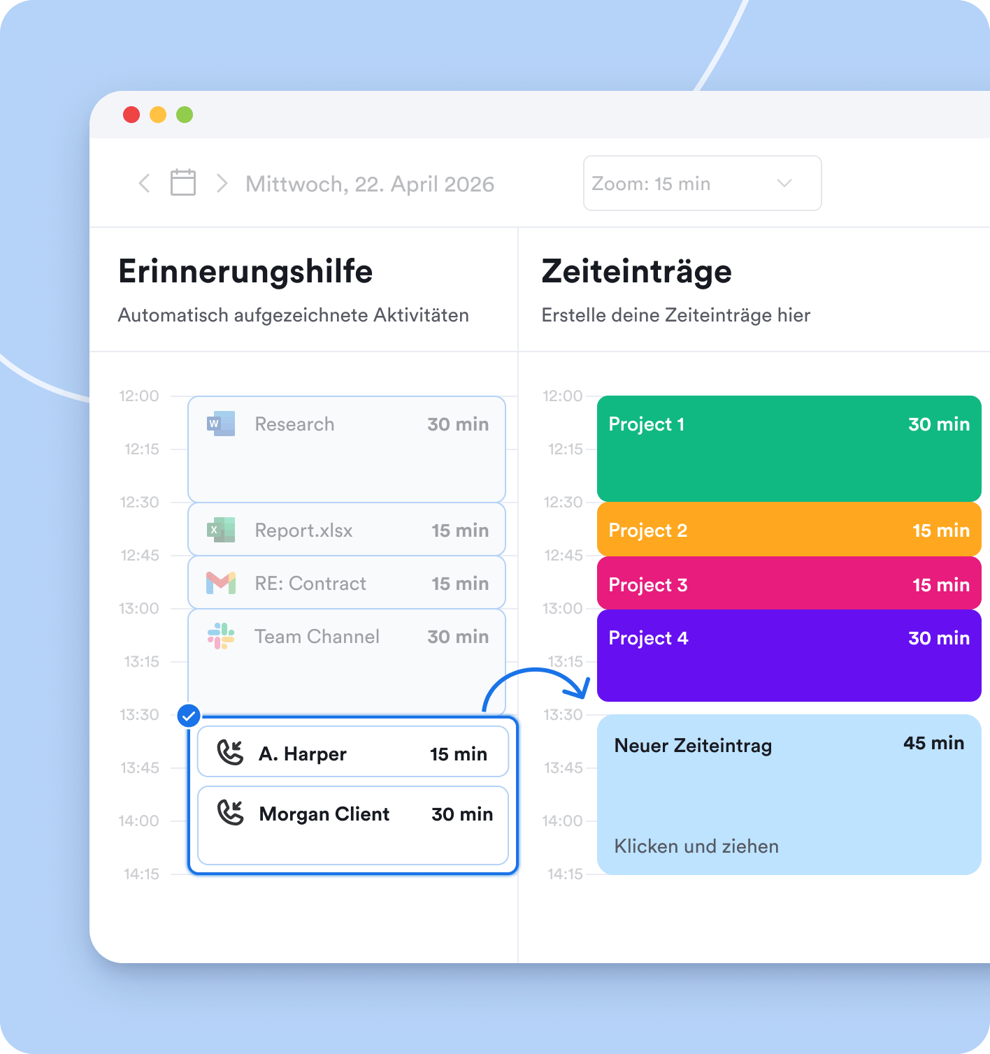 Creating time entries from logged hours