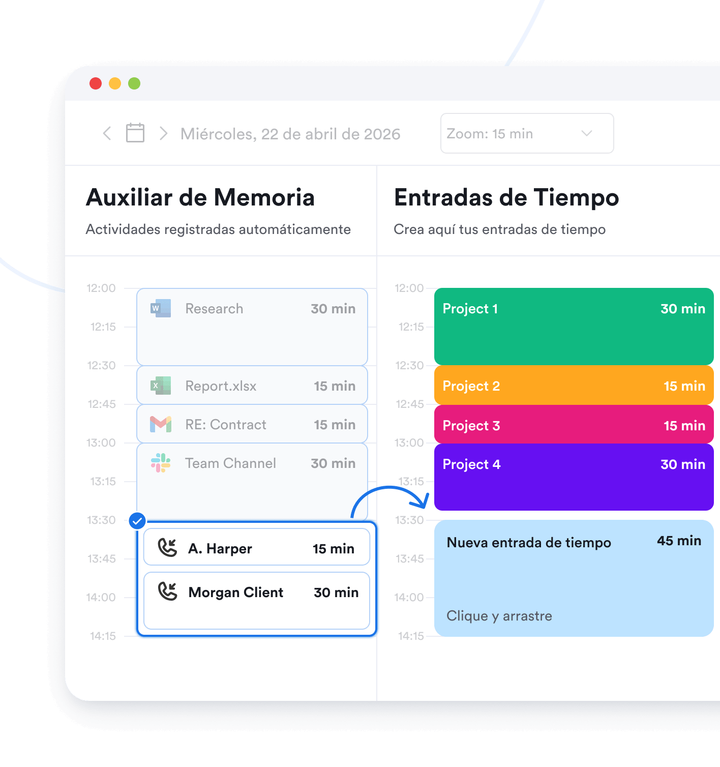 Crear registros de tiempo a partir de las horas registradas
