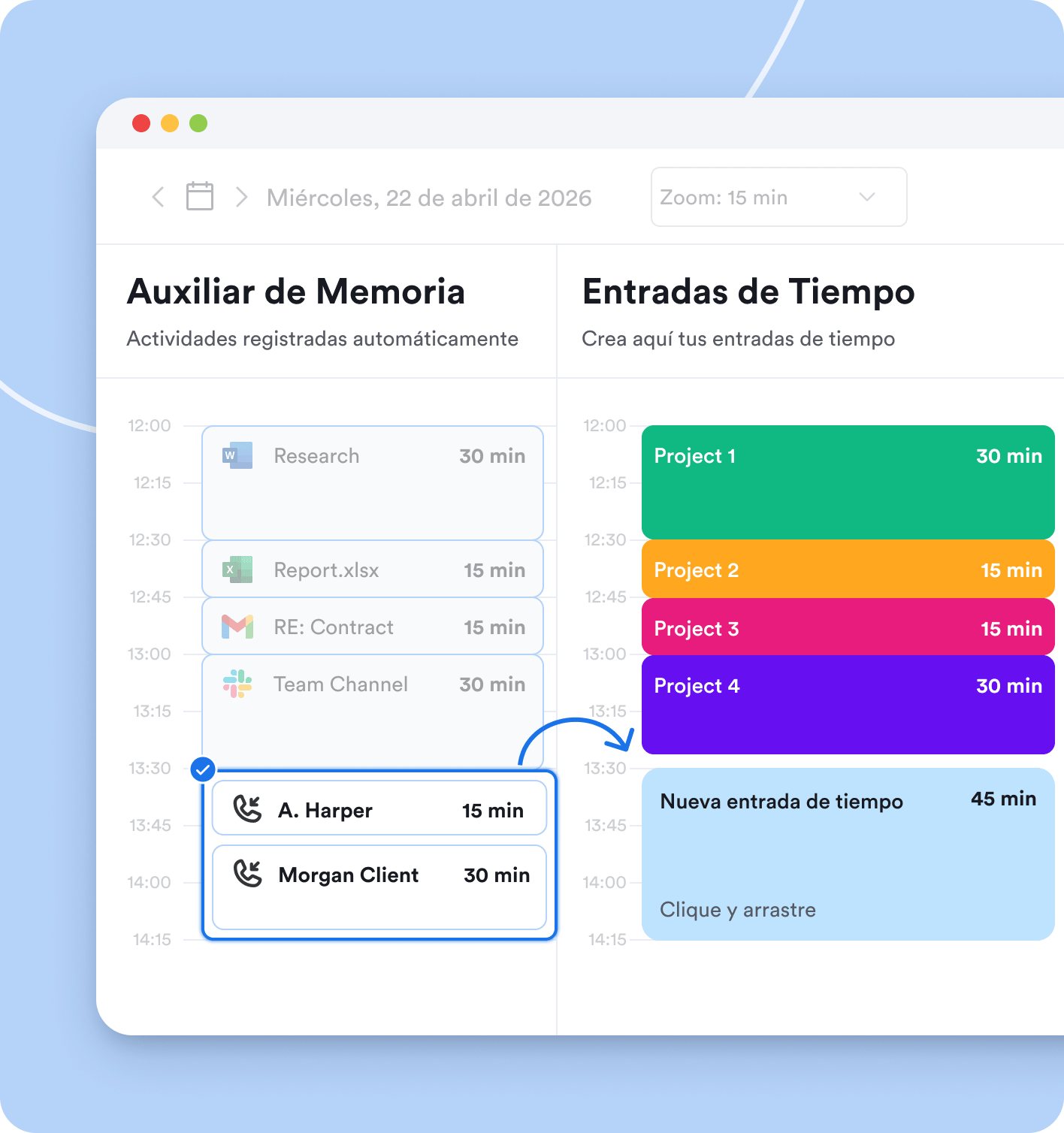 Creating time entries from logged hours