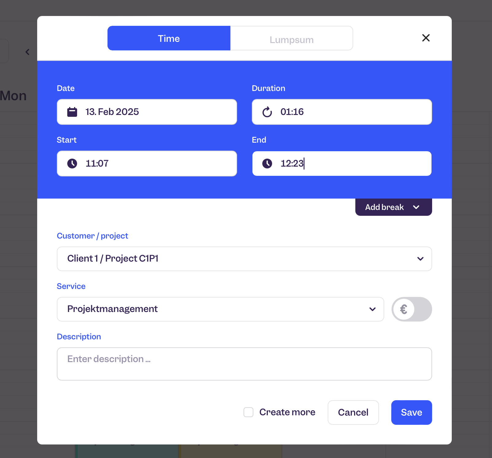 clockodo add new time entry