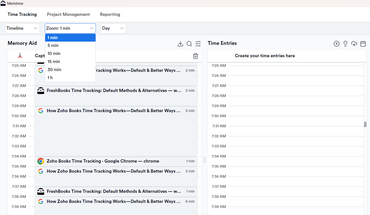 Memory Aid tracking time in 1 minute intervals