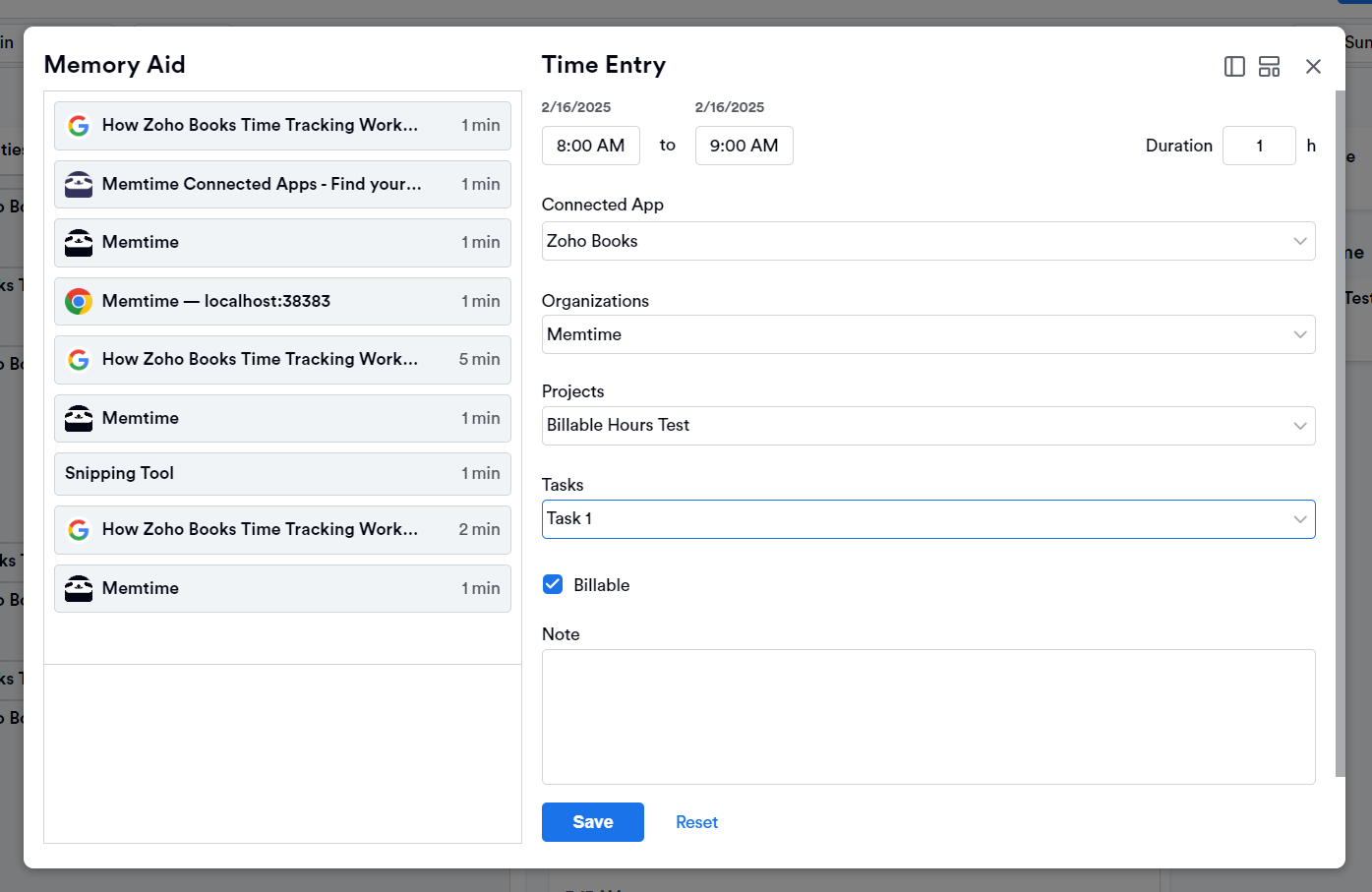 Creating a time entry in Memtime and syncing it with Zoho Books