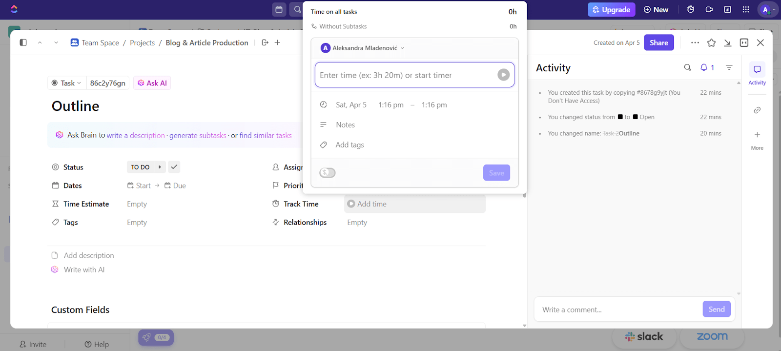 Logging time in ClickUp