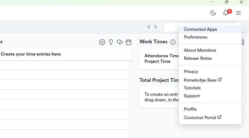 Selecting "Connected Apps" in Memtime to connect Memtime with ClickUp