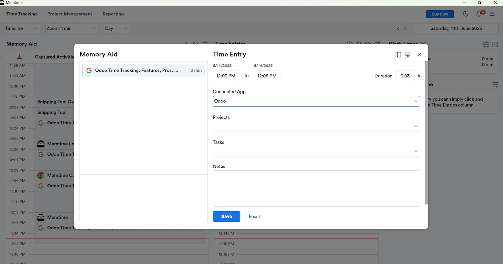 Assigning time entry in Memtime to Odoo task and project