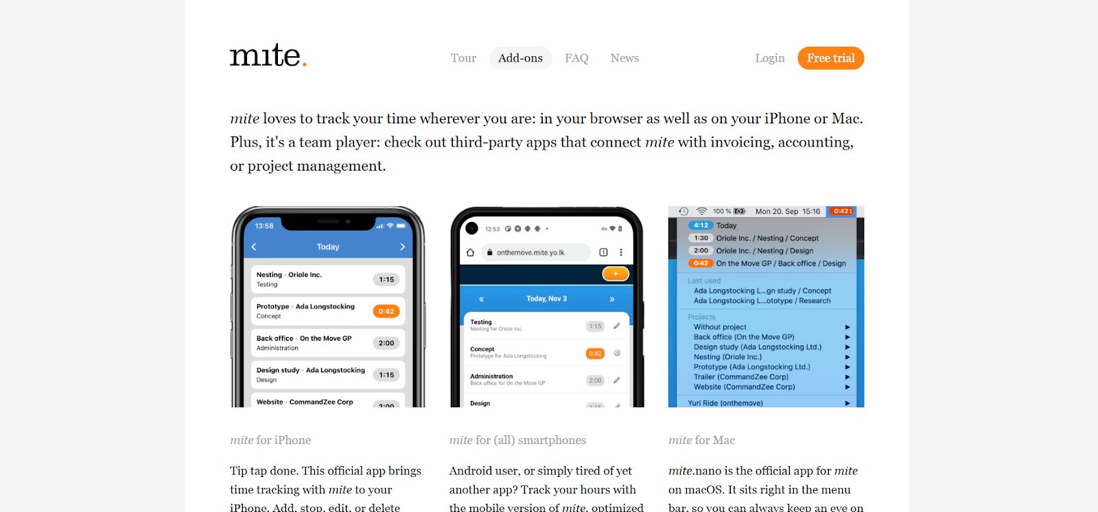 Mite - time tracking app