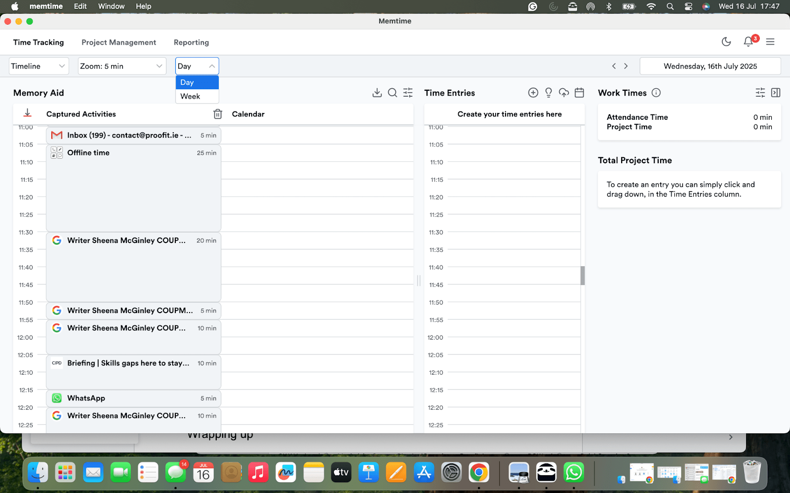 Memtime automatic time tracker interface