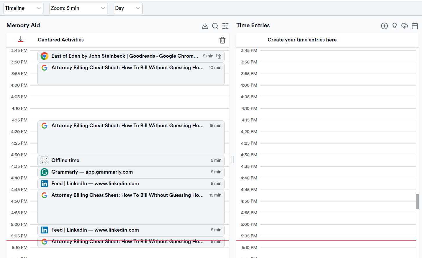 Memtime's automatic timeline