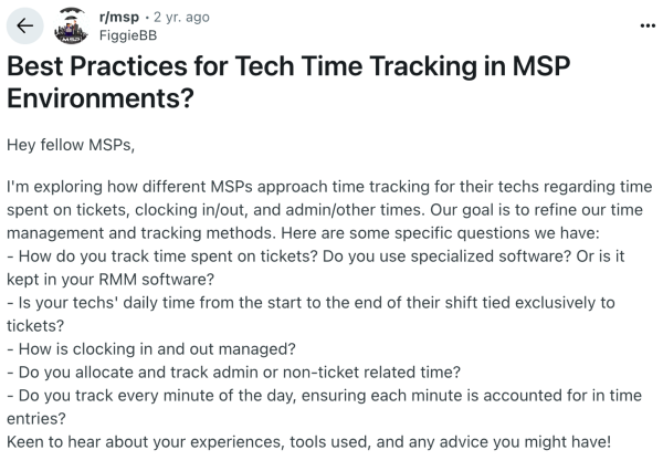 Reddit post on best practices for tech time tracking